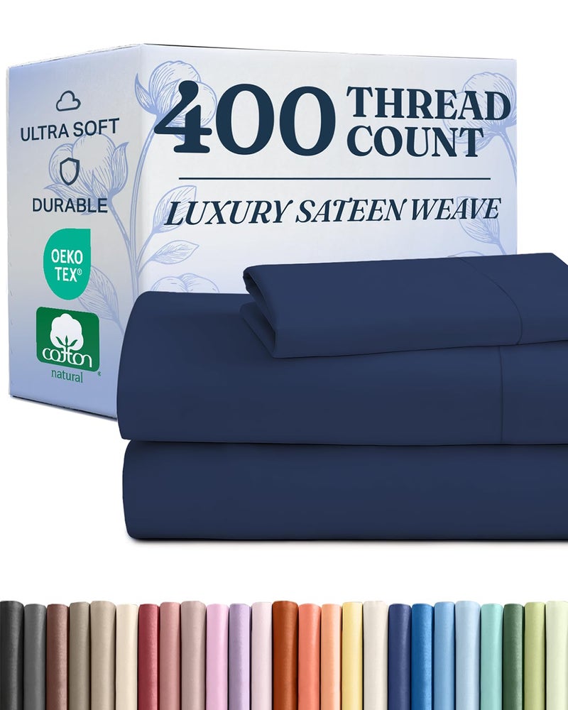 CGK Unlimited 400 Thread Count Cotton Sheet Set - Queen Size 100% Cotton Sheets - Easily Fits 8" to 16" Mattress - Silky-Soft, Wrinkle Free, Breathable & Comfy - Deep Pockets & Hotel Quality Bedding Set - Navy Blue - Image 1